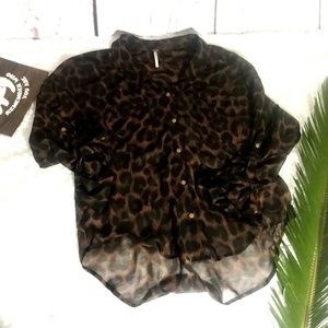 Free People Sheer Cheetah Print Blouse Top sz xs